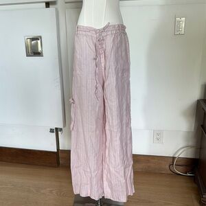 Loveshackfancy Linen Light Pink Striped Wide-Leg Pants